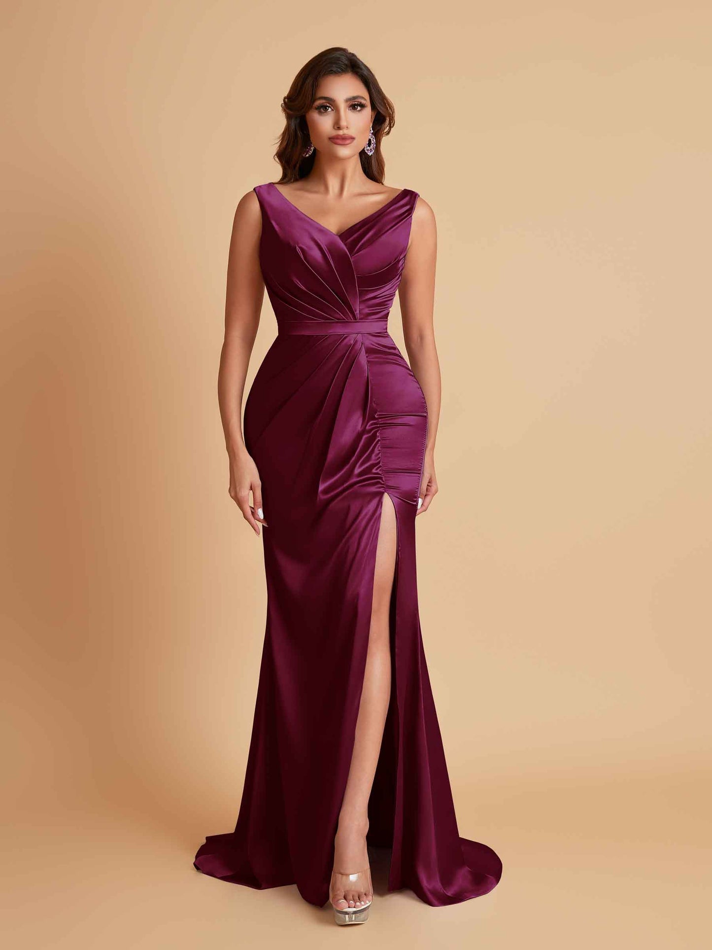 Elegant V Neck Soft Satin Side Slit Floor-Length Mermaid Bridesmaid Dresses