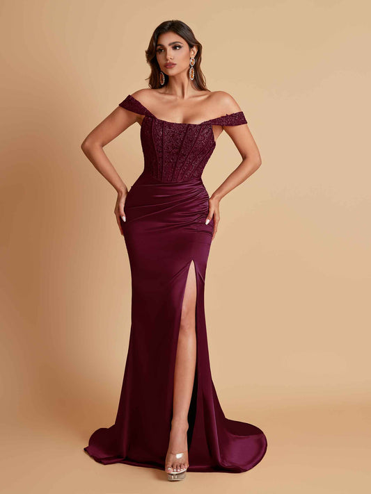 Sexy Soft Satin V-neck Off-the-shoulder Strapless Side-Slit Mermaid Bridesmaid Dresses