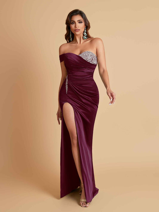 Sexy Soft Satin Mermaid One Shoulder Side Slit Floor-Length Mermaid Bridesmaid Dresses