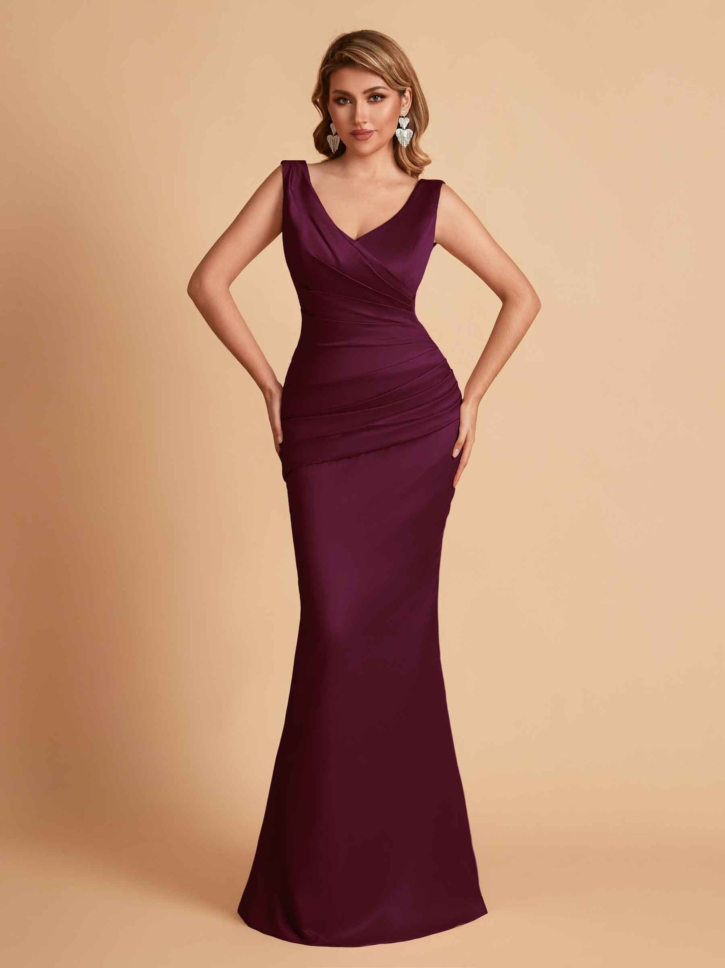 Elegant Satin V-neck Sleeveless Mermaid Floor Length Bridesmaid Dresses