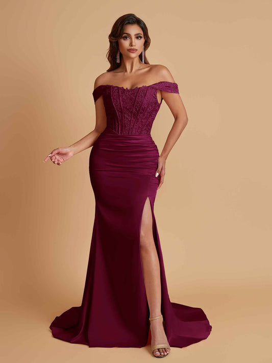 Elegant Soft Satin Mermaid Off Shoulder Side Slit Floor-Length Mermaid Bridesmaid Dresses
