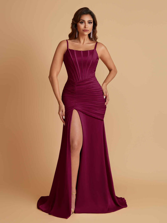 Sexy Soft Satin Mermaid Spaghetti Straps Side Slit Floor-Length Bridesmaid Dresses