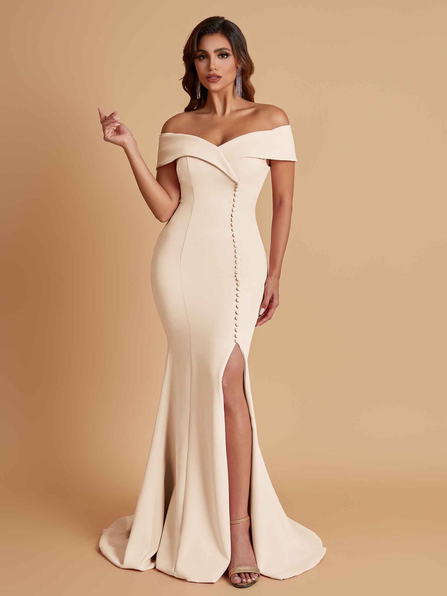 Elegant Soft Satin Mermaid Off Shoulder Side Slit Floor-Length Bridesmaid Dresses