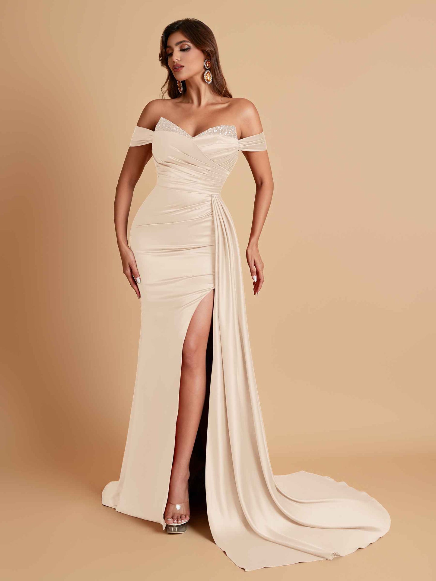 Gorgeous Soft Satin V-neck Off-the-Shoulder Side-Slit Mermaid Bridesmaid Dresses