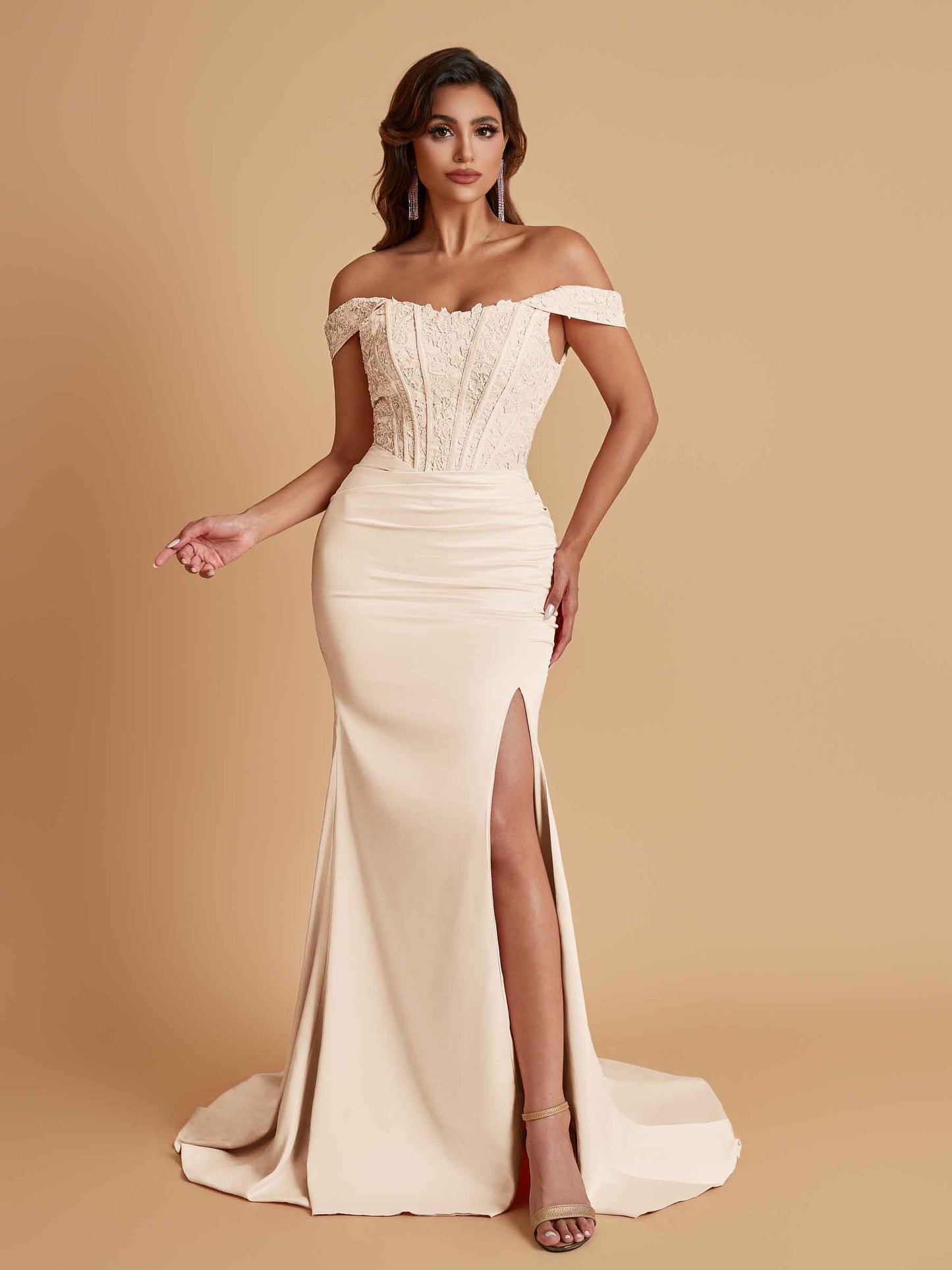 Elegant Soft Satin Mermaid Off Shoulder Side Slit Floor-Length Mermaid Bridesmaid Dresses