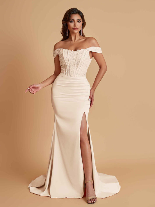 Elegant Soft Satin Mermaid Off Shoulder Side Slit Floor-Length Mermaid Bridesmaid Dresses