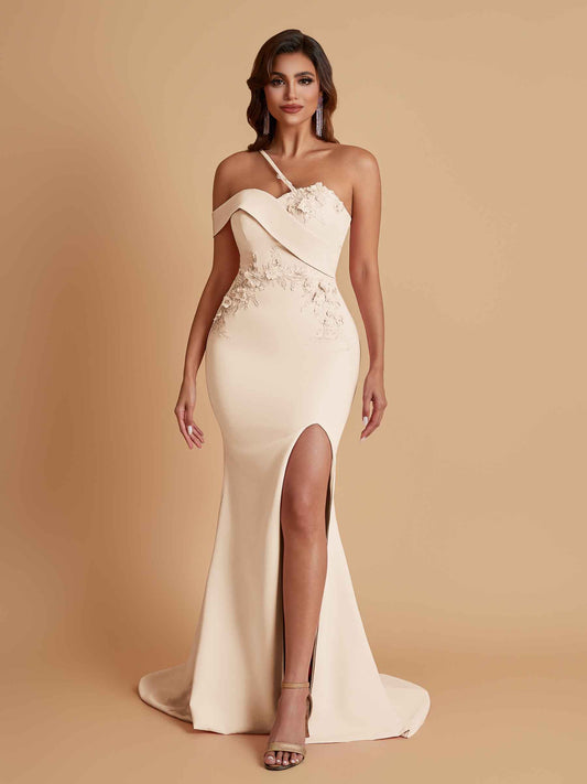 Sexy Soft Satin Mermaid One Shoulder Asymmetrical Side Slit Floor-Length Bridesmaid Dresses