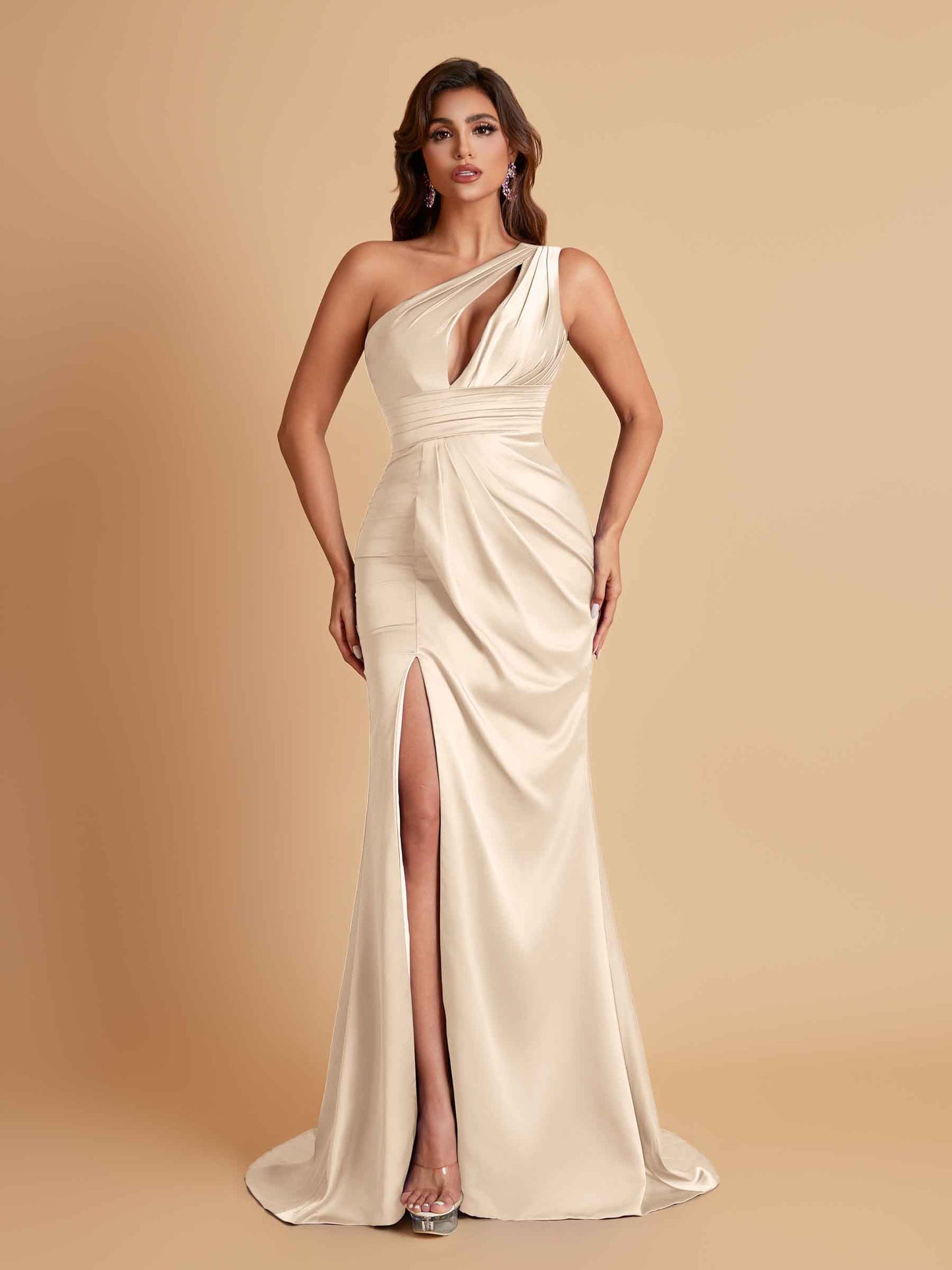 Sexy One Shoulder Soft Satin Side Slit Floor-Length Mermaid Bridesmaid Dresses