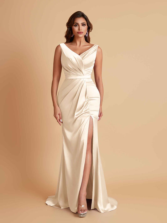 Elegant V Neck Soft Satin Side Slit Floor-Length Mermaid Bridesmaid Dresses