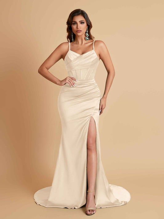 Sexy Spaghetti Straps V Neck Soft Satin Side Slit Floor-Length Mermaid Bridesmaid Dresses