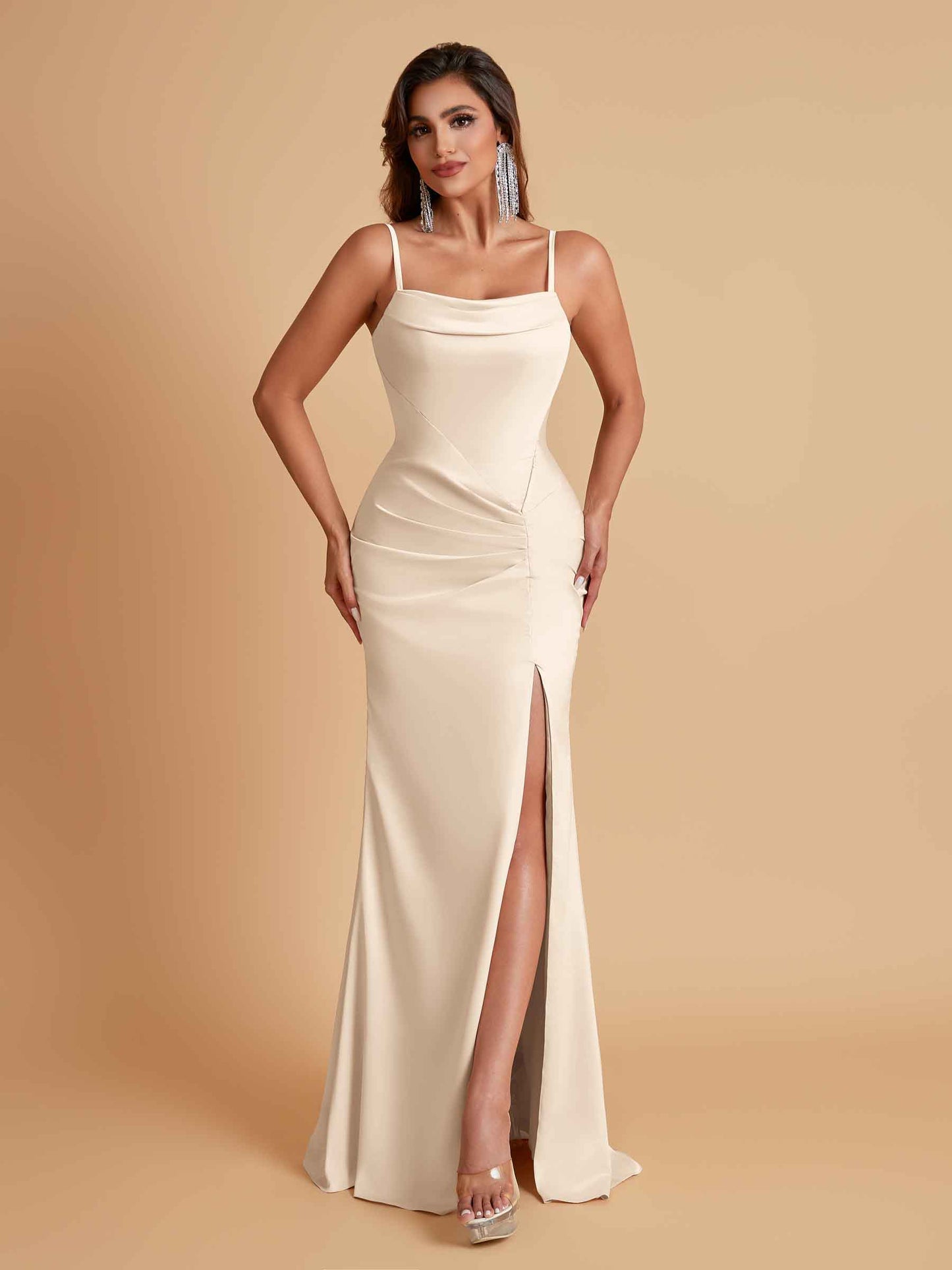 Gorgeous Spaghetti Straps Soft Satin Side Slit Floor-Length Mermaid Bridesmaid Dresses