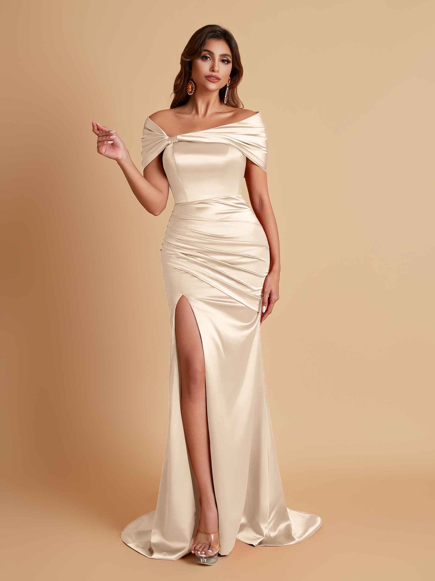 Elegant Soft Satin Off-the-shoulder Side-Slit Mermaid Bridesmaid Dresses