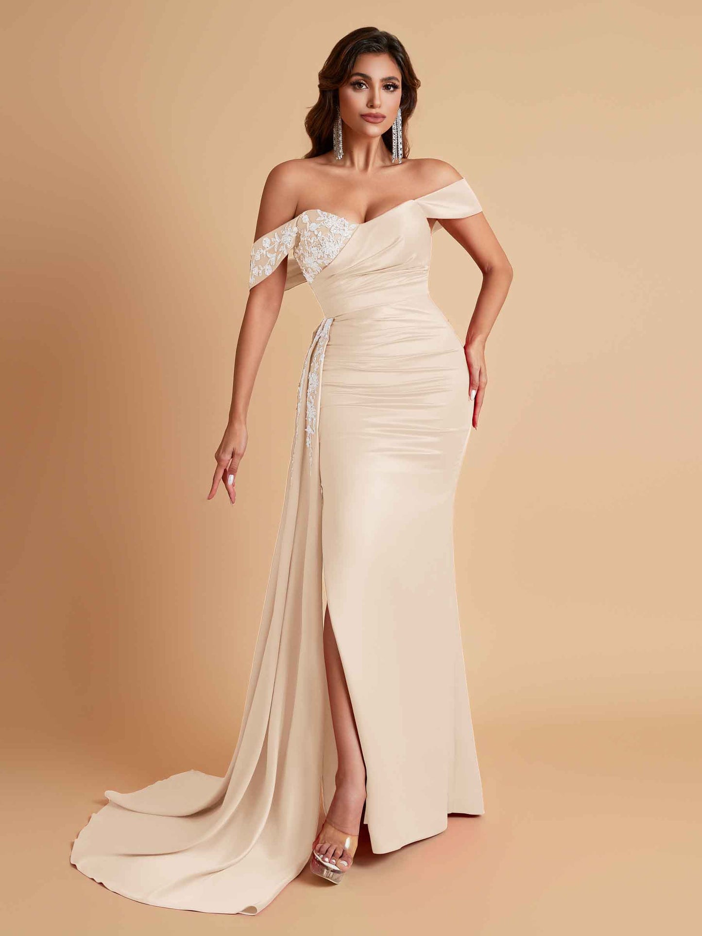 Elegant Soft Satin Mermaid Off Shoulder Floor-Length Mermaid Bridesmaid Dresses