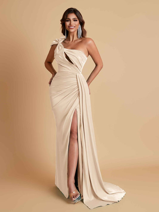 Gorgeous One Shoulder Bow Knot Soft Satin Side Slit Floor-Length Mermaid Bridesmaid Dresses