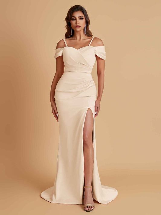 Sexy Soft Satin Mermaid Cold Shoulder Side Slit Floor-Length Bridesmaid Dresses Online