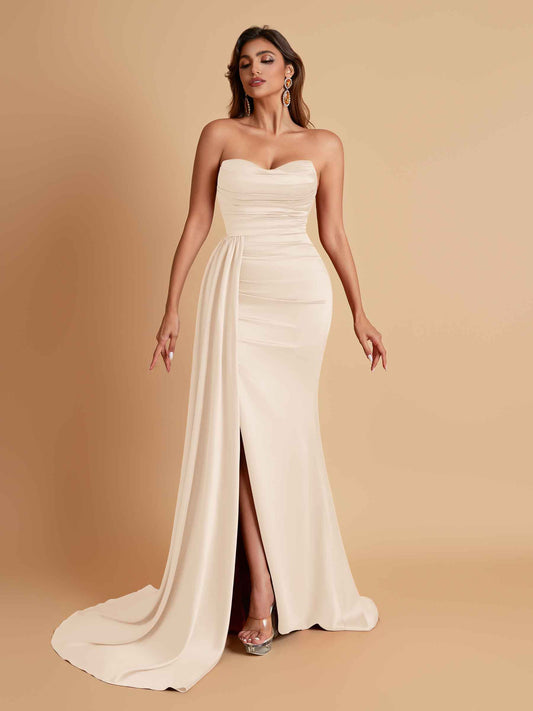 Elegant Soft Satin Sweetheart Strapless Side-Slit Mermaid Bridesmaid Dresses