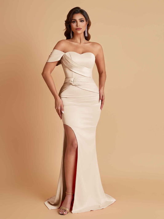 Sexy Soft Satin Mermaid One Shoulder Floor-Length Mermaid Bridesmaid Dresses