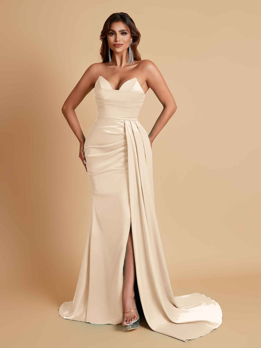 Gorgeous Strapless Soft Satin Side Slit Floor-Length Mermaid Bridesmaid Dresses
