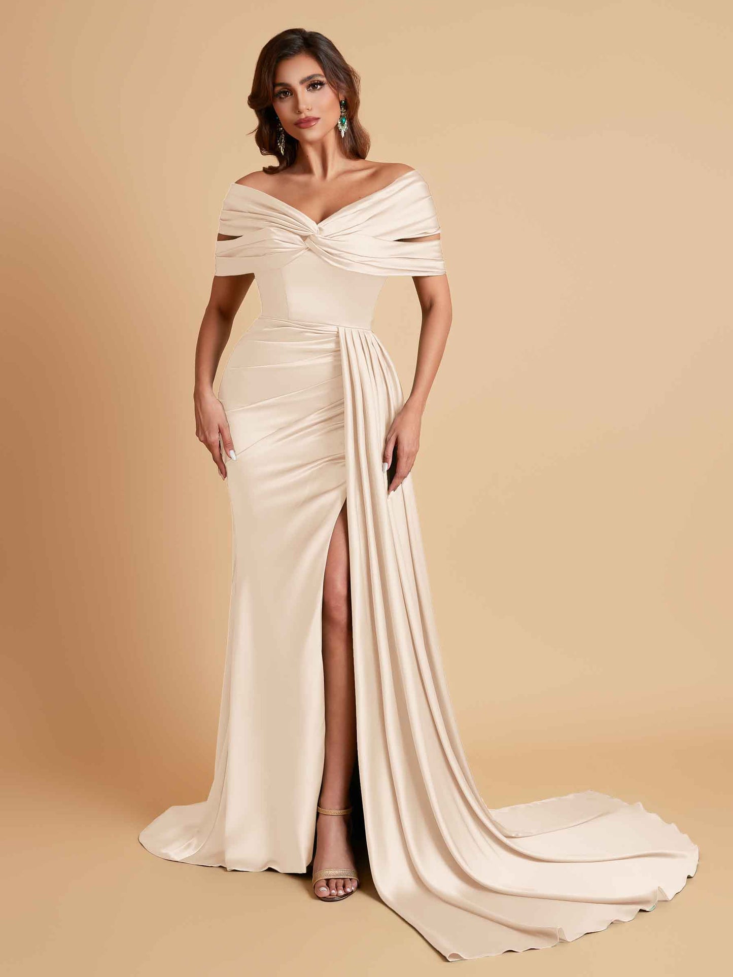 Elegant Soft Satin V-neck Off-the-Shoulder Side-Slit Mermaid Bridesmaid Dresses