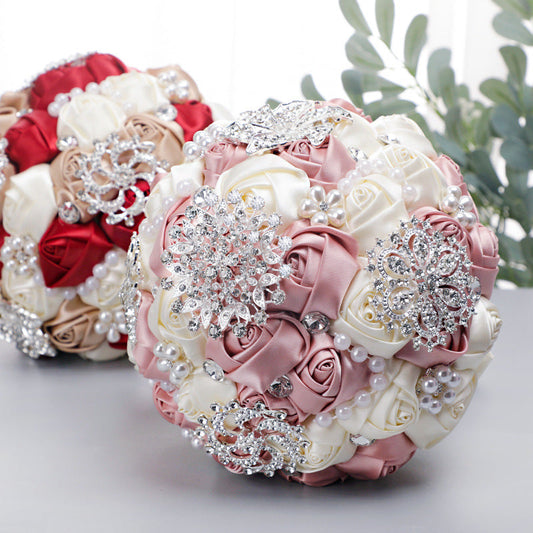 Wedding Flower For The Groom And Bride, Simulated Full Diamonds Rose Wedding Bouquet