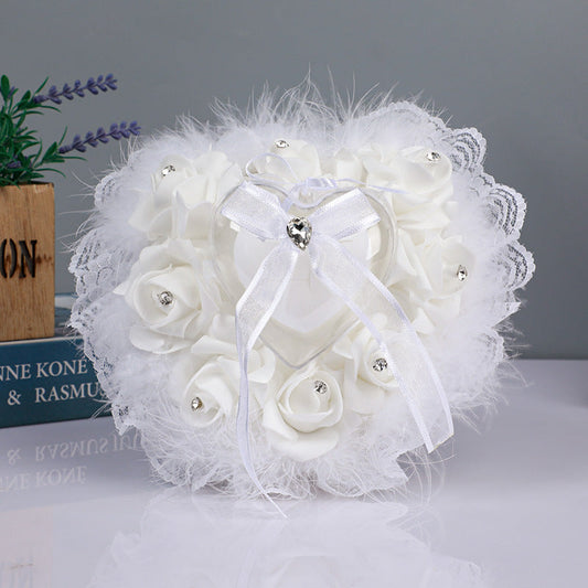 Heart-Shaped Rose Accessories Lace Creative Ostrich Feather Wedding Ring Pillow