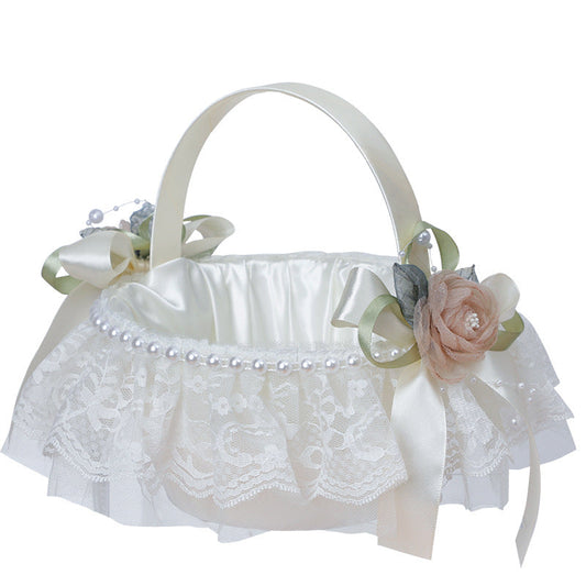 Pearl Bow Flower Decoration Lace Flower Basket Wedding Flower Portable Flower Basket