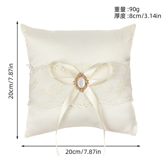 Off White Wedding Ring Pillow Set Bow Knot Lace Decoration