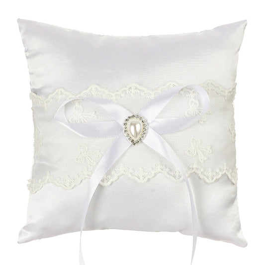 White Wedding Ring Pillow Set Bow Knot Lace Decoration