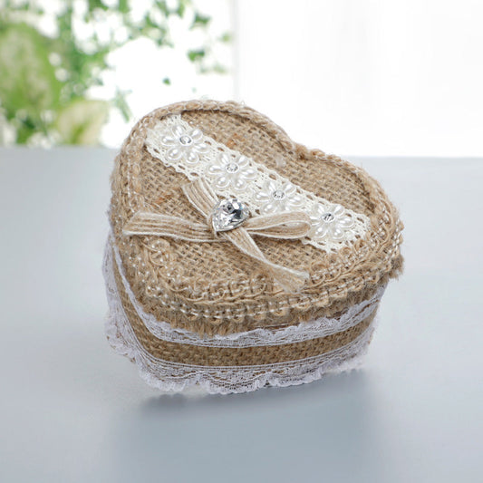 Heart-Shaped Linen Fabric Wedding Ring pillow Creative Lace Bowknot Ring Box Small Portable