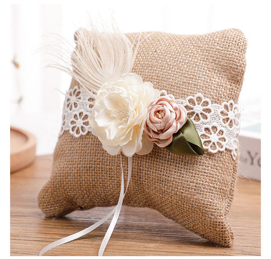 Vintage Scrims Linen Flower Bow Country Style Wedding Ring Pillow