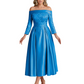 Off Shoulder Mother of the Bride Dress Tea-Length Satin Gown with Lace Applique