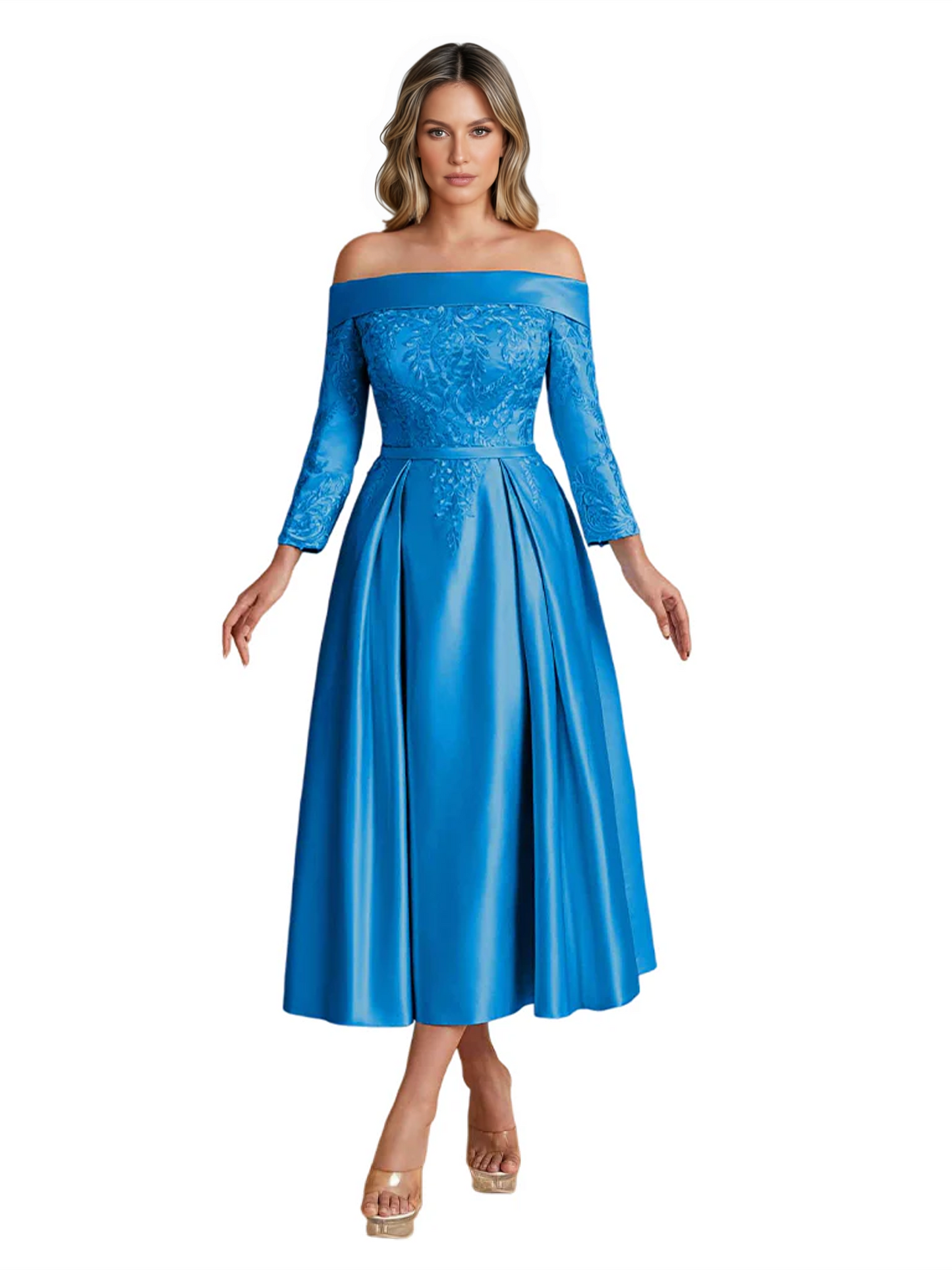 Off Shoulder Mother of the Bride Dress Tea-Length Satin Gown with Lace Applique