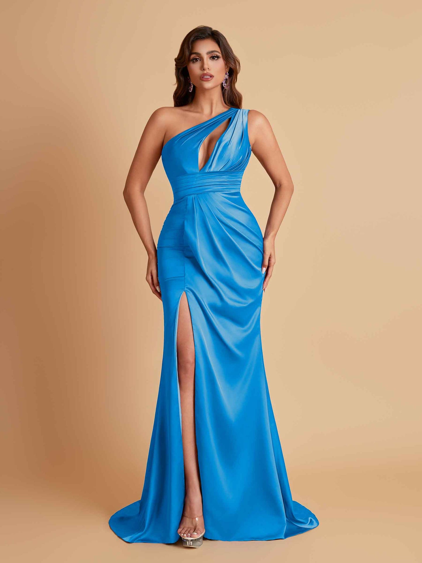 Sexy One Shoulder Soft Satin Side Slit Floor-Length Mermaid Bridesmaid Dresses