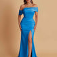 Elegant Soft Satin Mermaid Off Shoulder Asymmetrical Side Slit Floor-Length Bridesmaid Dresses