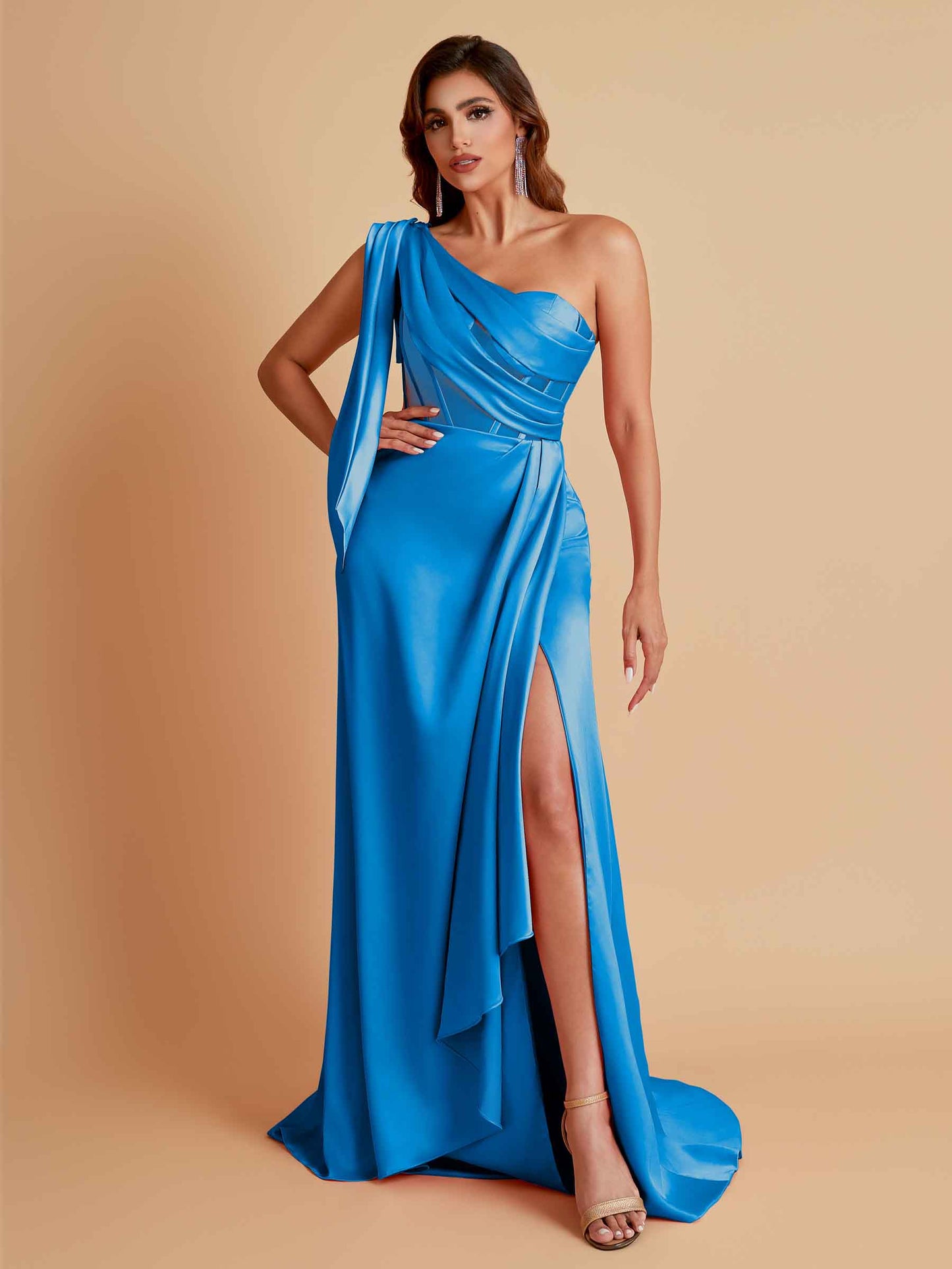 Sexy Soft Satin Mermaid One Shoulder Asymmetrical Side Slit Floor-Length Bridesmaid Dresses