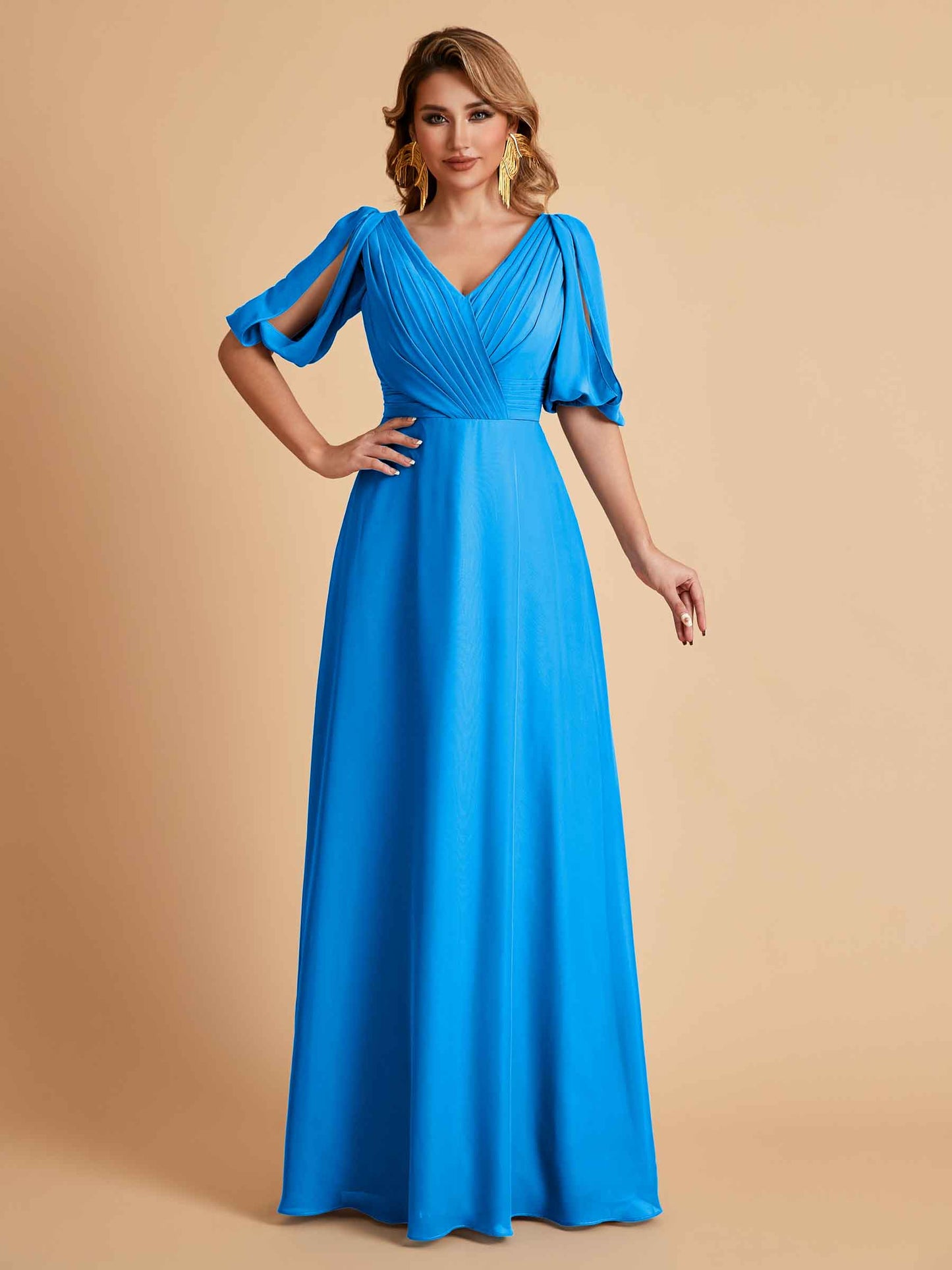 Elegant A-Line Chiffon Half Sleeves V-Neck Mother of the Brides Dresses Online