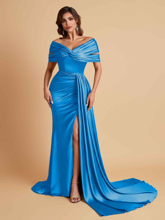 Elegant Soft Satin V-neck Off-the-Shoulder Side-Slit Mermaid Bridesmaid Dresses