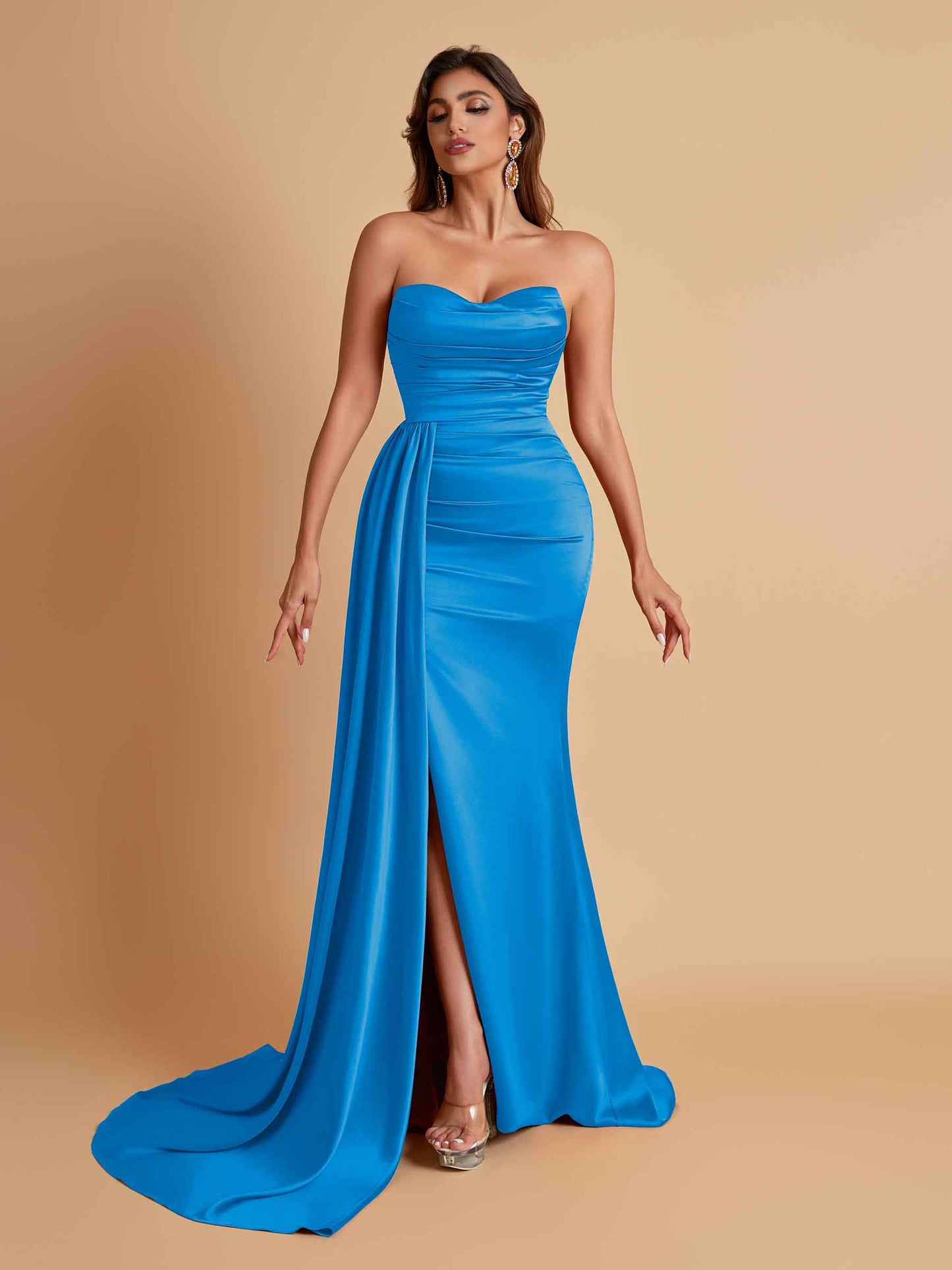 Elegant Soft Satin Sweetheart Strapless Side-Slit Mermaid Bridesmaid Dresses