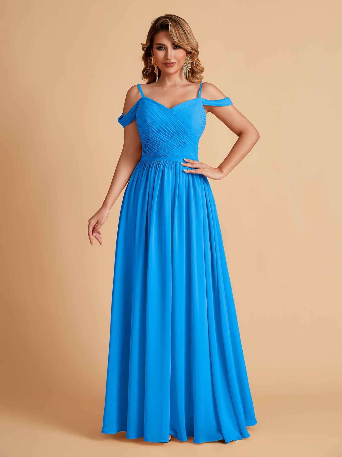 Elegant A-line Chiffon Off The Shoulder V-Neck Bridesmaid Dresses Online