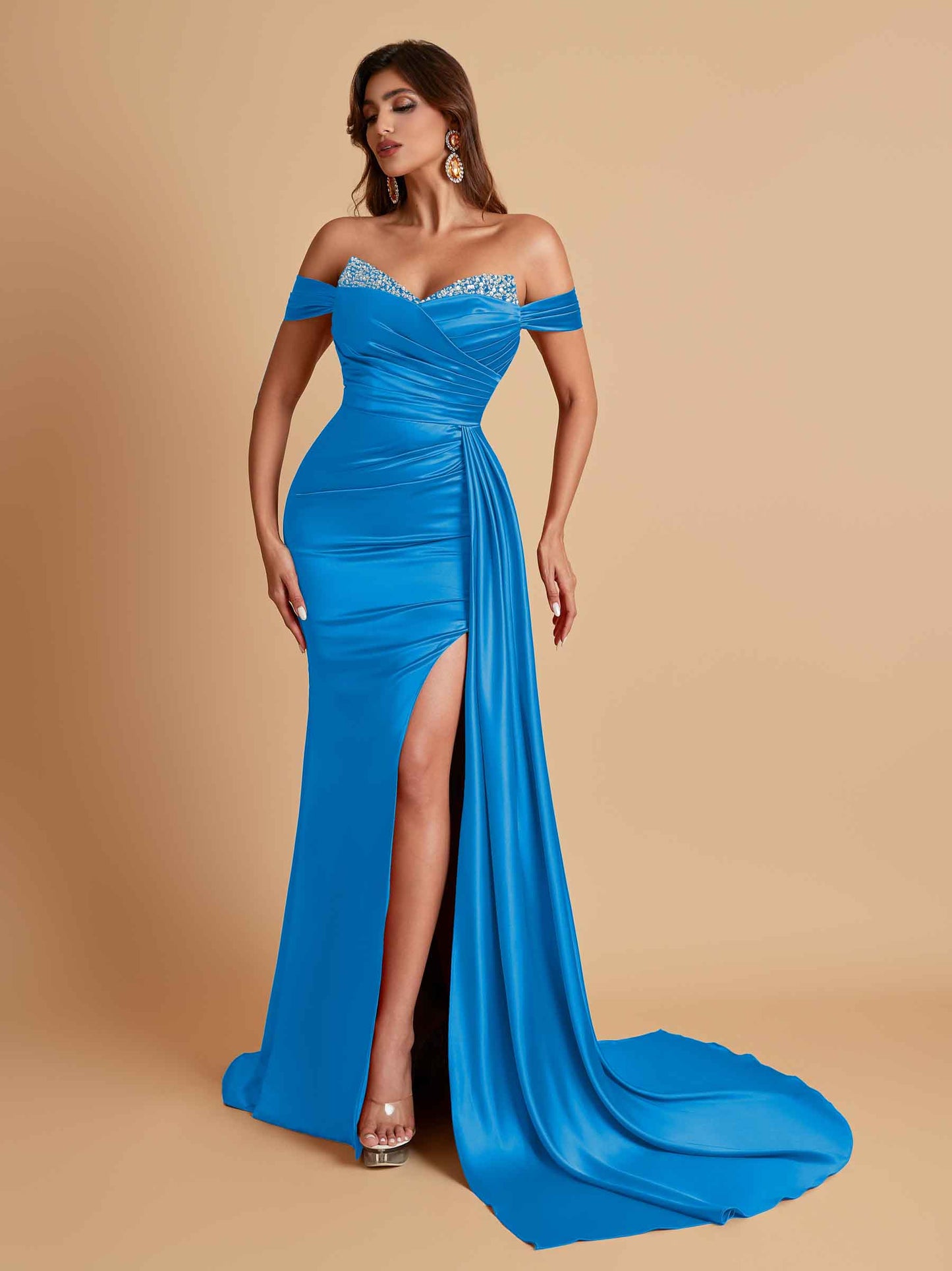 Gorgeous Soft Satin V-neck Off-the-Shoulder Side-Slit Mermaid Bridesmaid Dresses