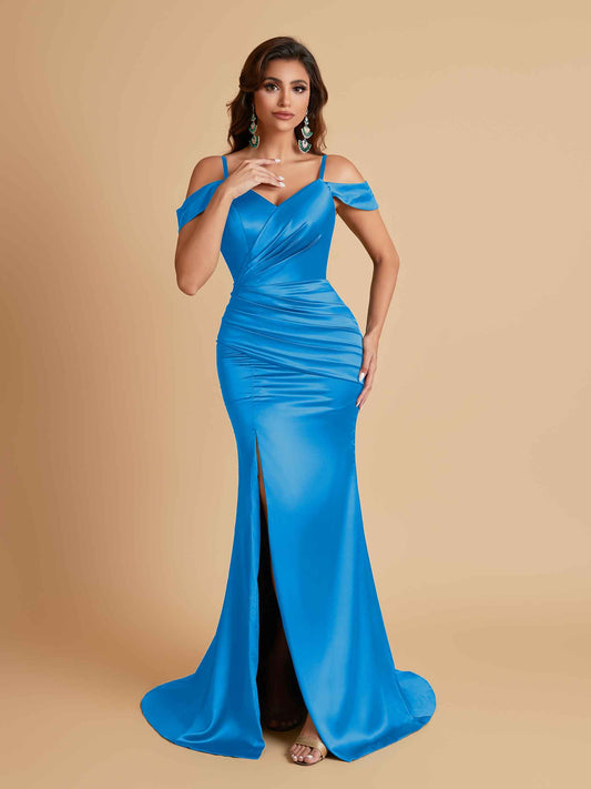 Sexy Soft Satin Mermaid Off Shoulder Side Slit Floor-Length Mermaid Bridesmaid Dresses