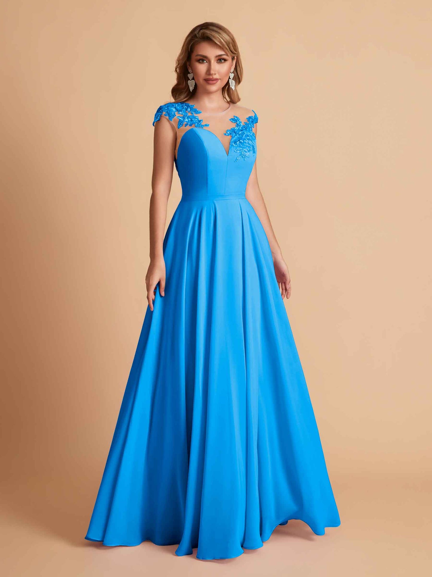 Chiffon Illusion Lace Top A-line Bridesmaid Dresses V-neck Floor Length Wedding Guest Dresses