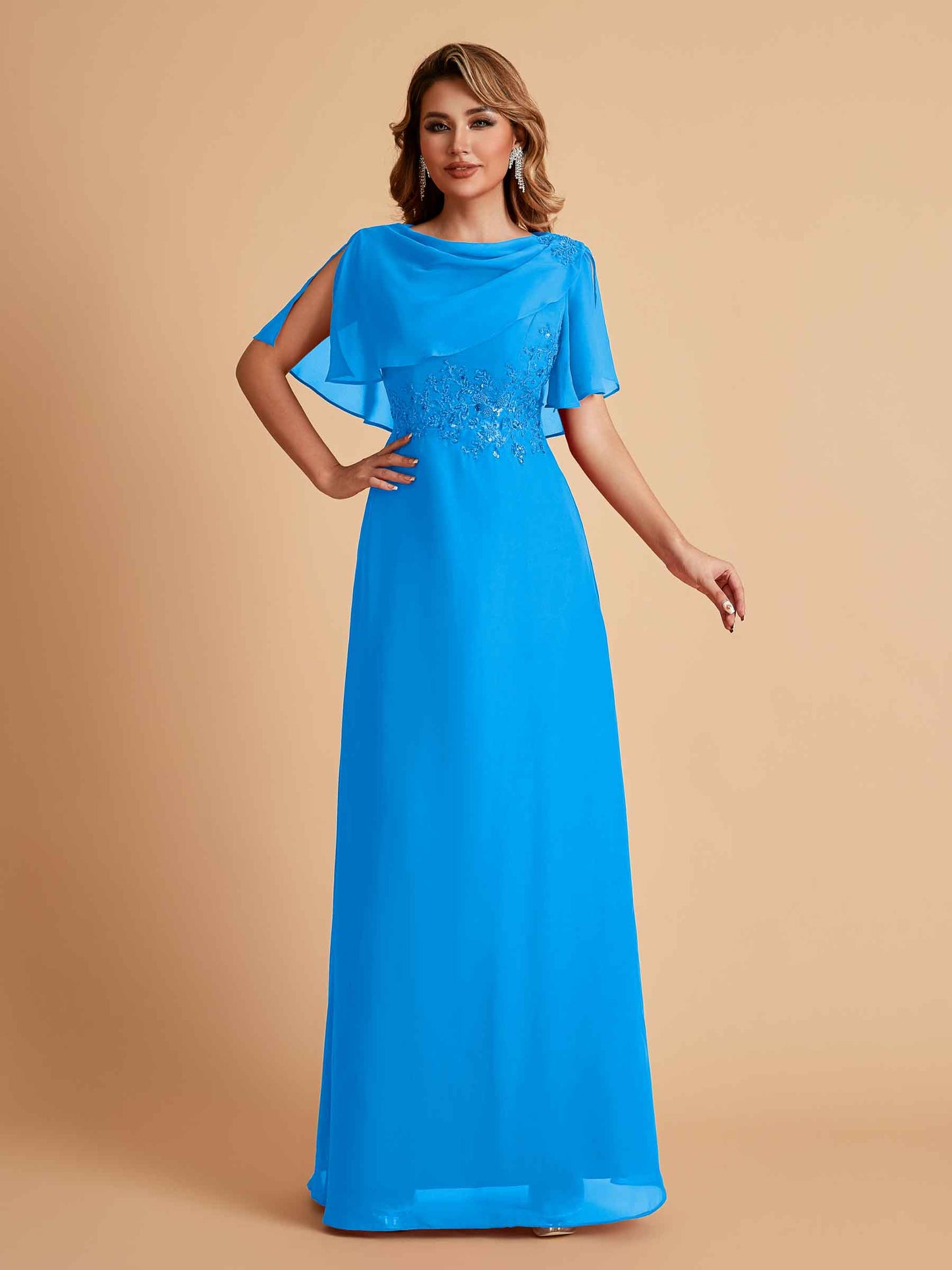 Elegant A-Line Chiffon Half Sleeves Jewel Mother of the Brides Dresses Online