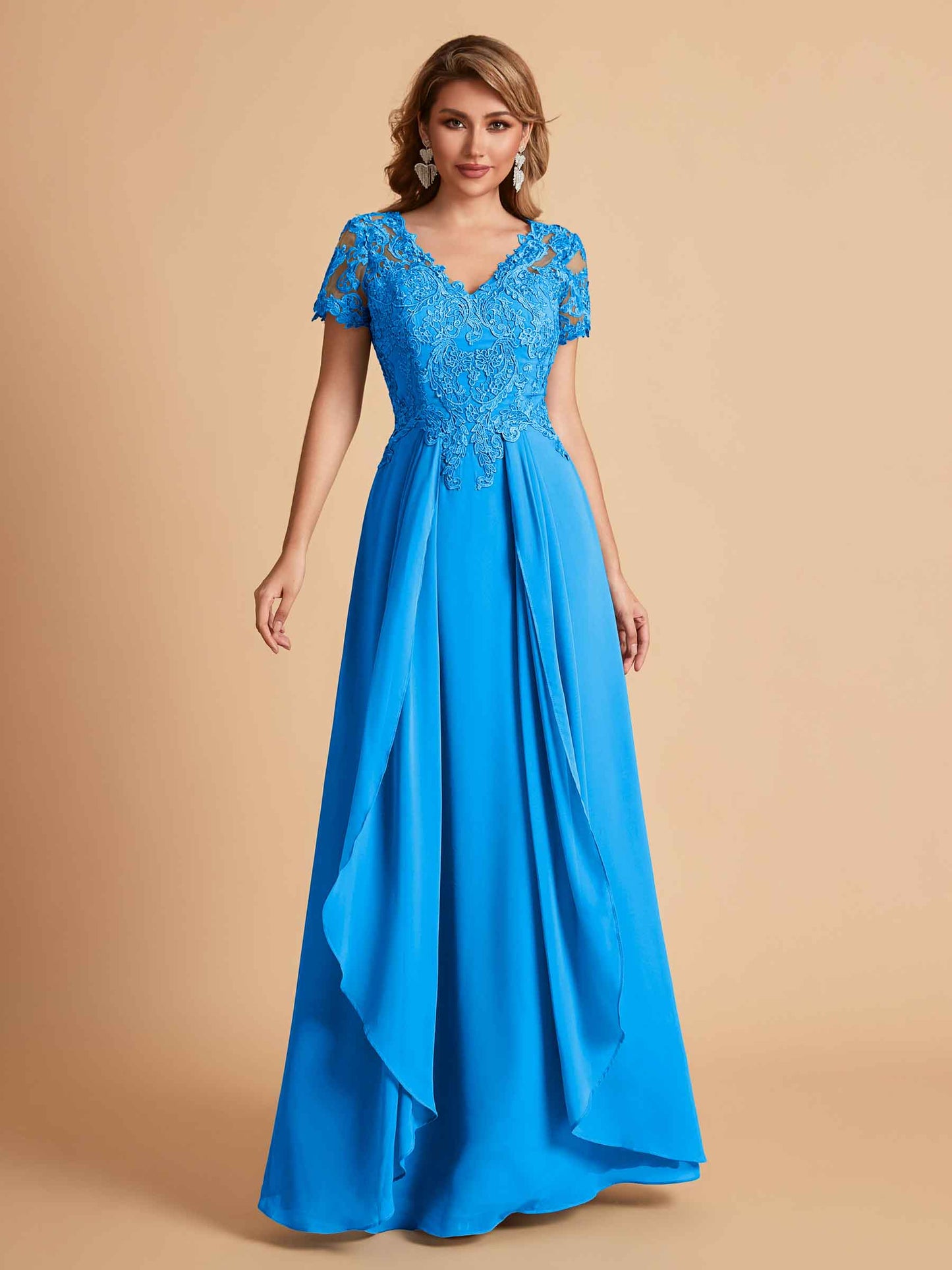 Elegant A-Line Chiffon Short Sleeves V-neck Mother of the Brides Dresses Lace Top MOB Dresses