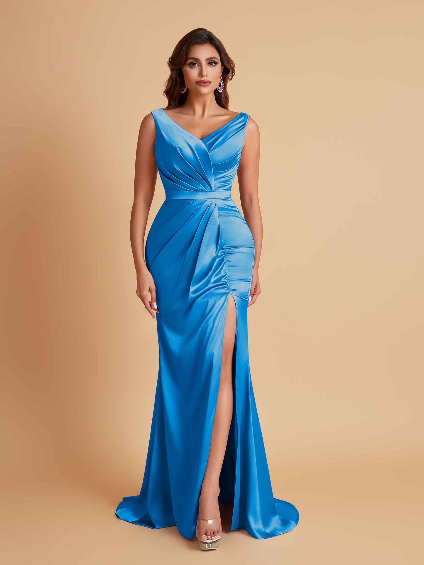 Elegant V Neck Soft Satin Side Slit Floor-Length Mermaid Bridesmaid Dresses