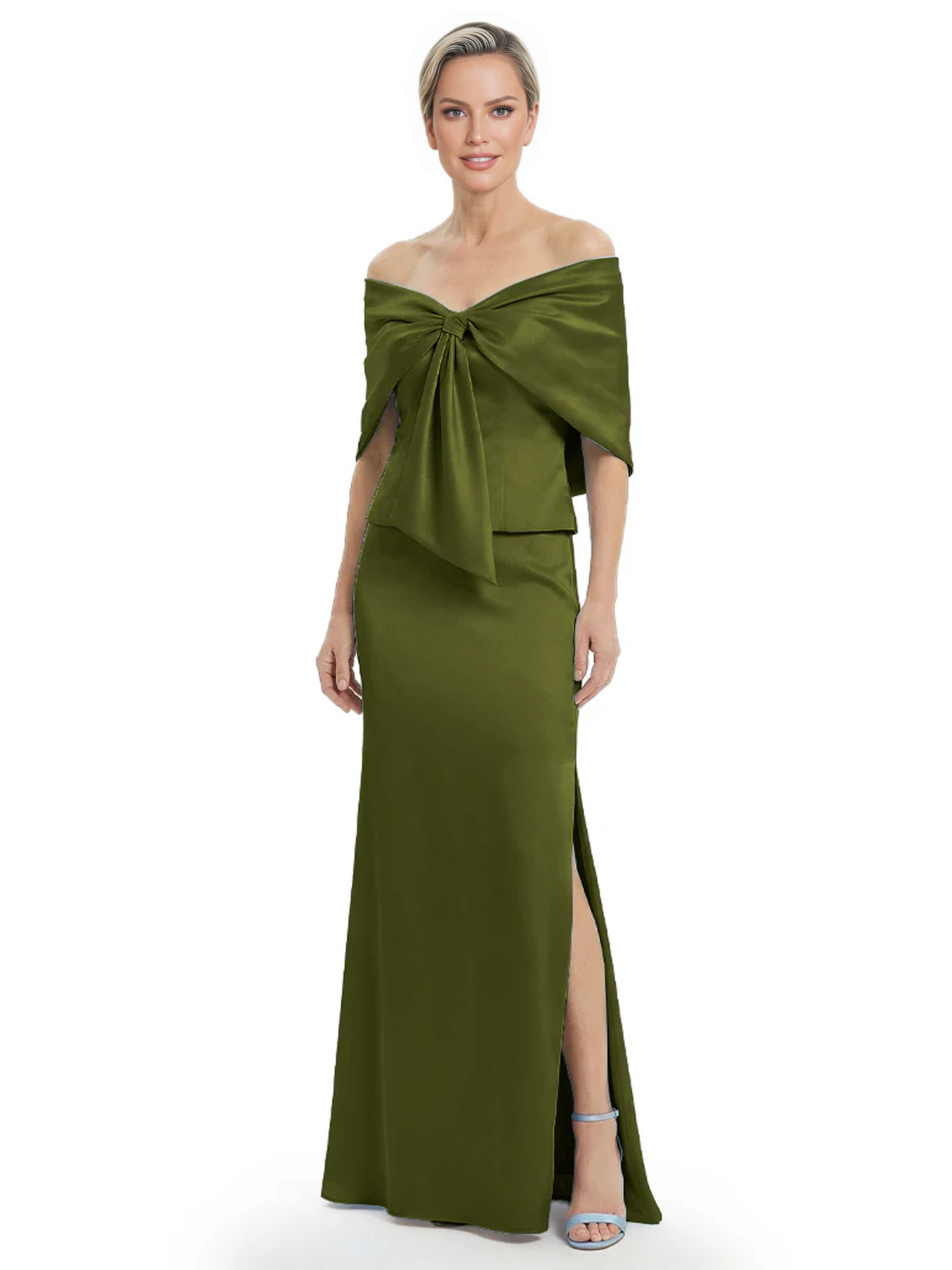 Formal Floor-Length Mother of the Bride Gown Satin Maxi Dress with Bow Neckline