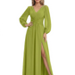 A-Line Mother of Bride Dress V-Neck Chiffon Gown Long Sleeves Slit Formal Dress
