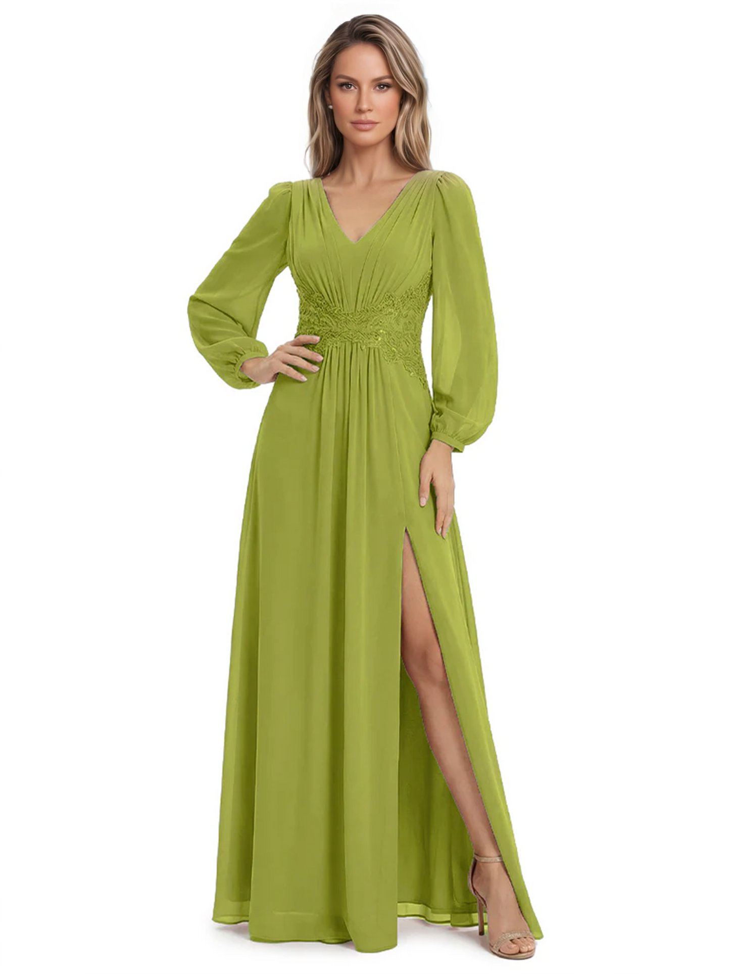 A-Line Mother of Bride Dress V-Neck Chiffon Gown Long Sleeves Slit Formal Dress