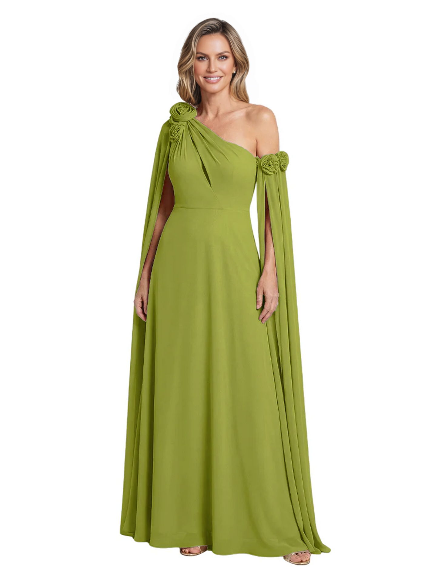 One Shoulder Mother of the Bride Dress Asymmetrical Cape Sleeve Gown with Floral