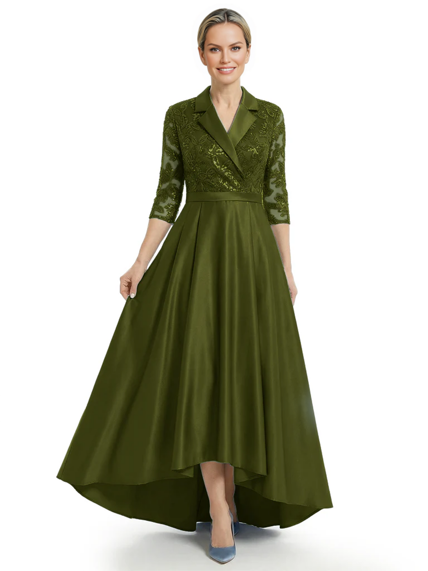 Elegant Mother of Bride Dress Evening Gowns Trending Styles with Lapel Collar 3/4 Sleeves